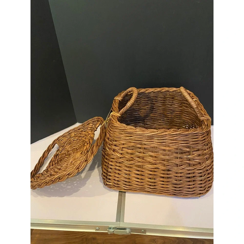 Threshold Studio McGee Dark Brown Rattan Woven Basket With Lid 13 Inch